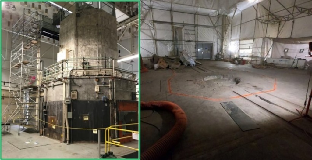 Inside of building with gray octagonal reactor and without reactor.