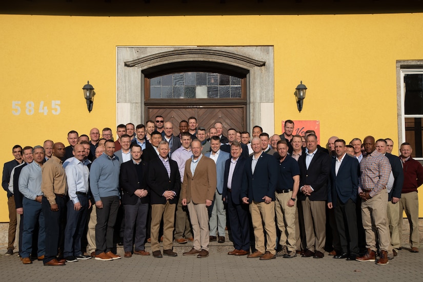 ANSBACH, GERMANY (April 22, 2022) - Lt. Gen. John S. Kolasheski, commanding general, U.S. Army V Corps, poses for a group photo with V Corps leadership following a leadership forum.  V Corps is America's Forward Deployed Corps in Europe and works alongside NATO Allies and regional security partners to provide combat ready forces, execute joint and multinational training exercises, and retain command and control for all rotational and assigned units in the European theater. (U.S. Army Photo by Specialist Gabriella Sullivan)