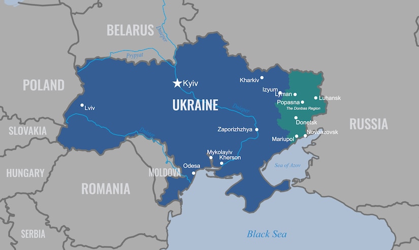 A map shows the geography of Ukraine.