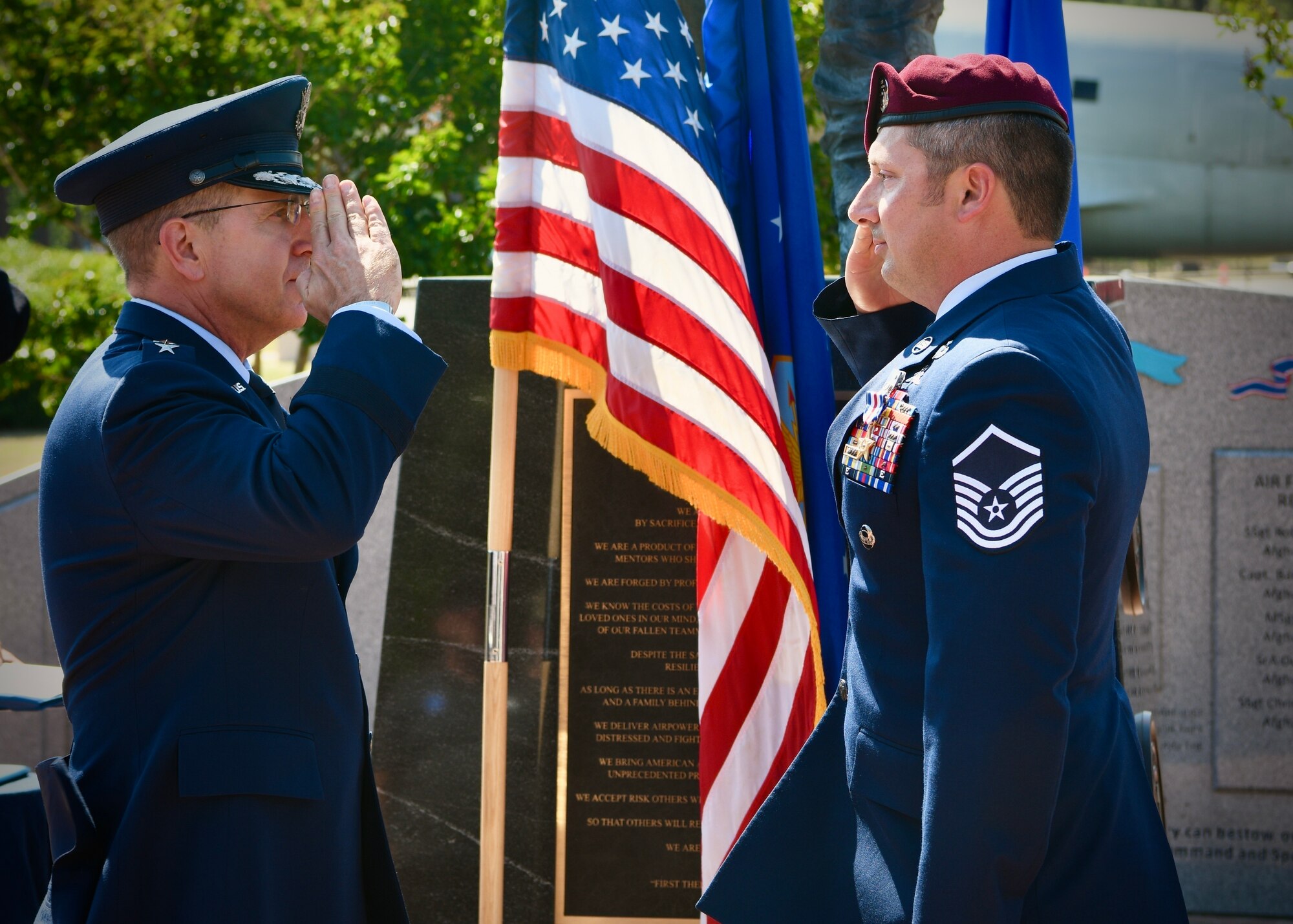 U.S. Air Force Lt. Gen. Jim Slife, commander of Air Force Special Operations Command, salutes Master Sgt. Cory Haggett, a special tactics operator with the 23d Special Tactics Squadron, 24th Special Operations Wing, after presenting him the Silver Star Medal during a ceremony May 13, 2022, at Hurlburt Field, Fla.  The Silver Star is the third-highest military combat decoration that can be awarded to a member of the United States Armed Forces.