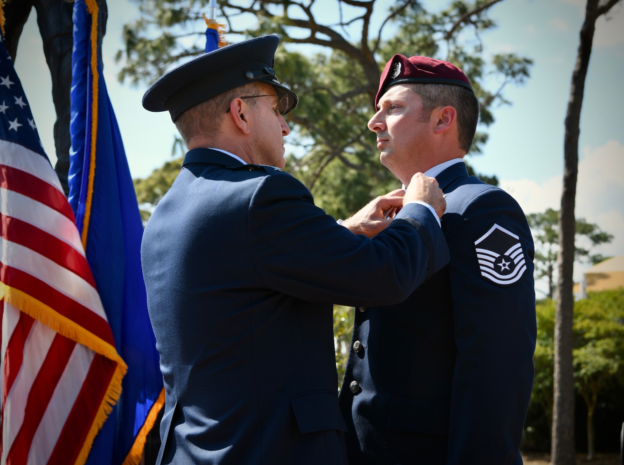 U.S. Air Force Lt. Gen. Jim Slife, commander of Air Force Special Operations Command, presents the Silver Star Medal to Master Sgt. Cory Haggett, a special tactics operator with the 23d Special Tactics Squadron, 24th Special Operations Wing, during a ceremony May 13, 2022, at Hurlburt Field, Fla.  The Silver Star is the third-highest military combat decoration that can be awarded to a member of the United States Armed Forces.