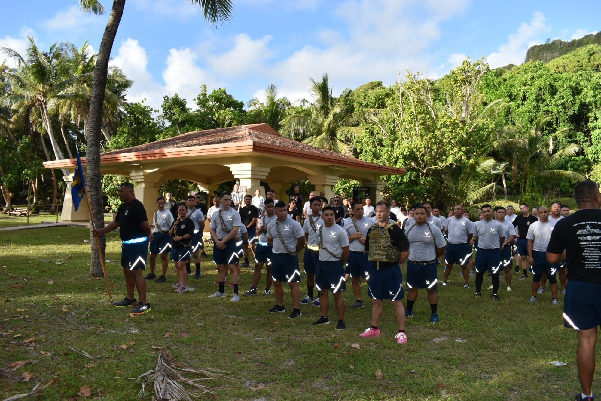 Members of the 44th Aerial Port Squadron stand in formation to prepare for the Port Dawg Memorial Run.