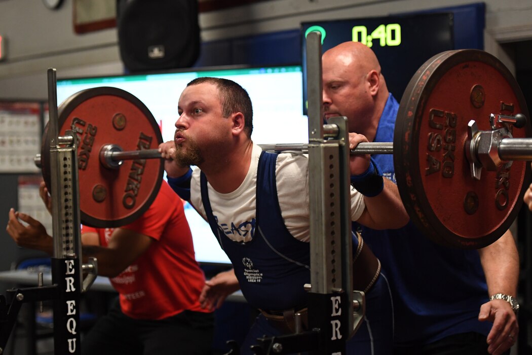 U.S. Air Force Jesse Wims, Area 16 athlete, participates in powerlifting during the Special Olympics Mississippi Summer Games at Keesler Air Force Base, Miss., May 14, 2022. Over 600 athletes participated in the Summer Games. (U.S. Air Force photo by Kemberly Groue)