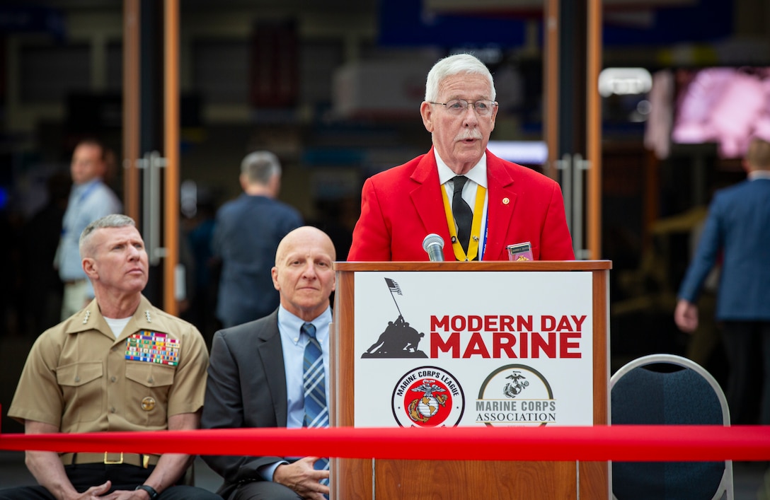 Warren Griffin, the National Senior Vice Commandant of the Marine Corps League, delivers remarks during the ribbon cutting ceremony at Modern Day Marine 2022 at the Walter E. Washington Convention Center, May 10, 2022. The Modern Day Marine expo brings together Marines, veterans, and industry partners to collaborate on the innovations and capabilities that ensure the Marine Corps remains capable of winning tomorrow’s battles.
