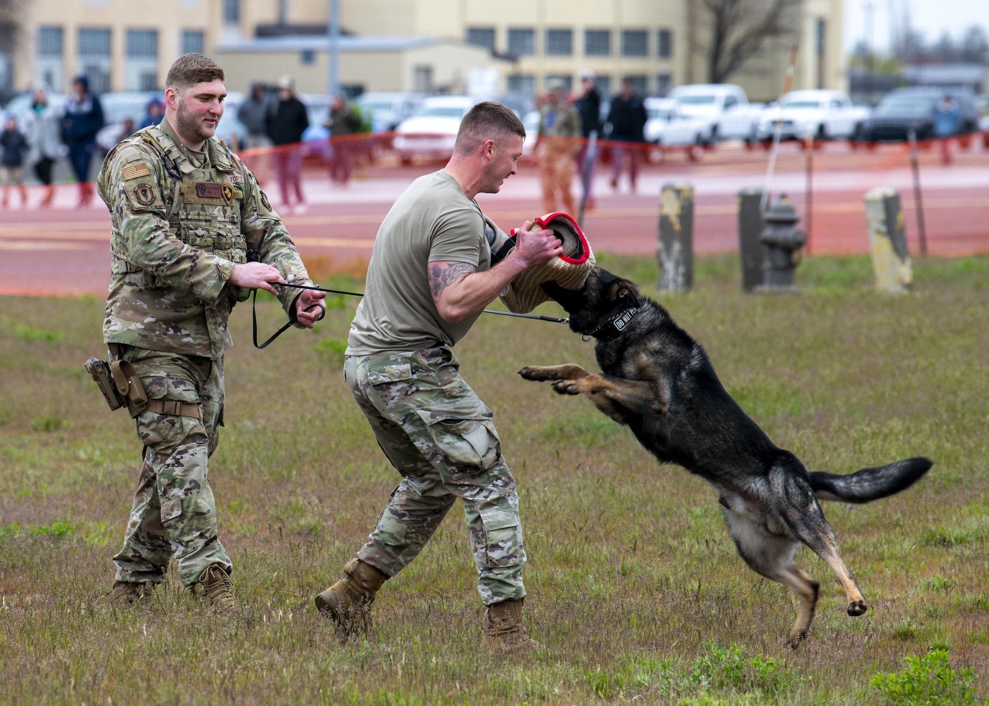 U.S. Air Force Airmen from the 92nd Security Forces Squadron perform a military working dog demonstration during the Fairchild Skyfest 2022 airshow at Fairchild Air Force Base, Washington, May 14, 2022. Fairchild Skyfest 2022 offered a unique view of Team Fairchild's role in enabling Rapid Global Mobility for the U.S. Air Force. (U.S. Air Force photo by Staff Sgt. Lawrence Sena)