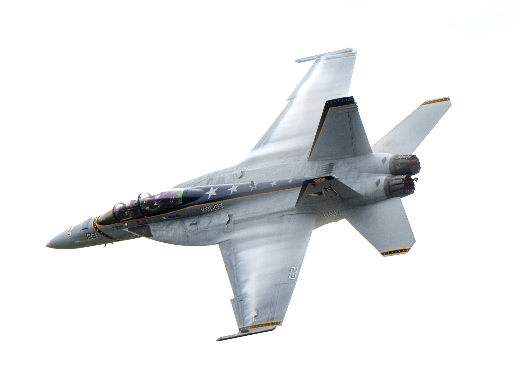 The U.S. Navy West Coast Rhino F-18 Superhornet Demo team performs during the Fairchild Skyfest 2022 airshow at Fairchild Air Force Base, Washington, May 14, 2022. Fairchild Skyfest 2022 included the West Coast Rhino F/A-18 Demo team, showcasing the capabilities of the U.S. Air Force’s joint partners in assuring air superiority. (U.S. Air Force photo by Staff Sgt. Lawrence Sena)