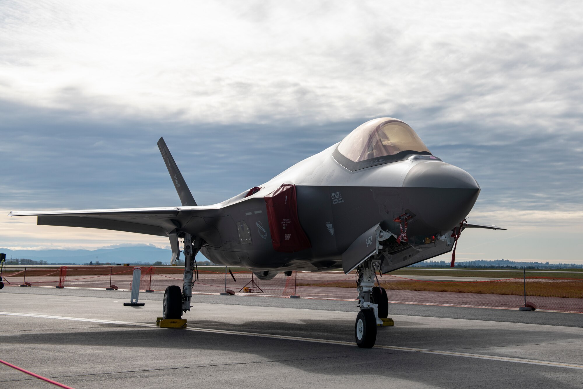 An F-35 Lightning is on display during the Fairchild Skyfest 2022 at Fairchild Air Force Base, Washington, May 14, 2022. Fairchild Skyfest 2022 included the U.S. Air Force Thunderbirds, one of the Air Force’s premier demonstration teams showcasing the capabilities of the F-16 Fighting Falcon. (U.S. Air Force photo by Staff Sgt. Ryan Gomez)