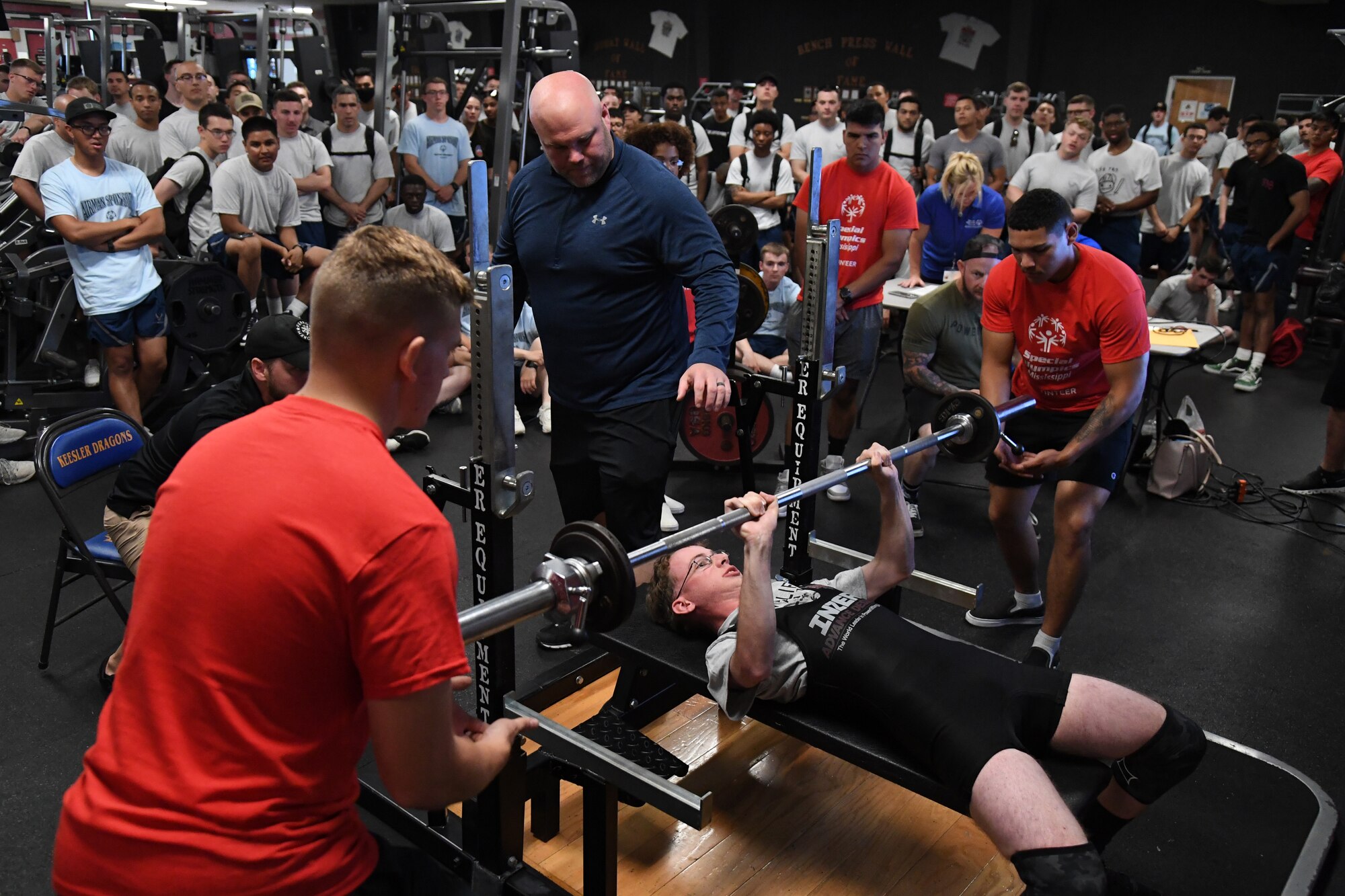 Connor Tingle, Area 12 athlete, participates in powerlifting during the Special Olympics Mississippi Summer Games at Keesler Air Force Base, Miss., May 14, 2022. Over 600 athletes participated in the Summer Games. (U.S. Air Force photo by Kemberly Groue)