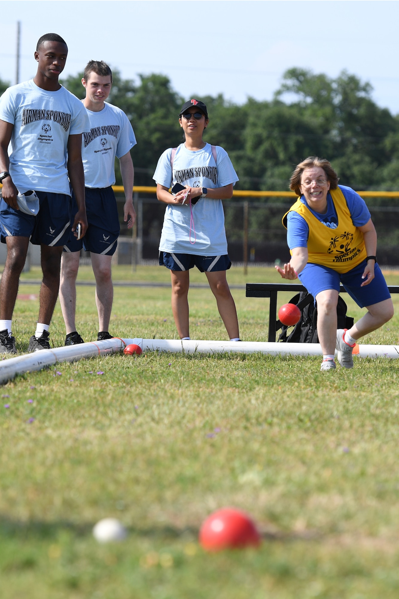 Dean Goodwin, Area 1 athlete, participates in bocce during the Special Olympics Mississippi Summer Games at Keesler Air Force Base, Miss., May 14, 2022. Over 600 athletes participated in the Summer Games. (U.S. Air Force photo by Kemberly Groue)