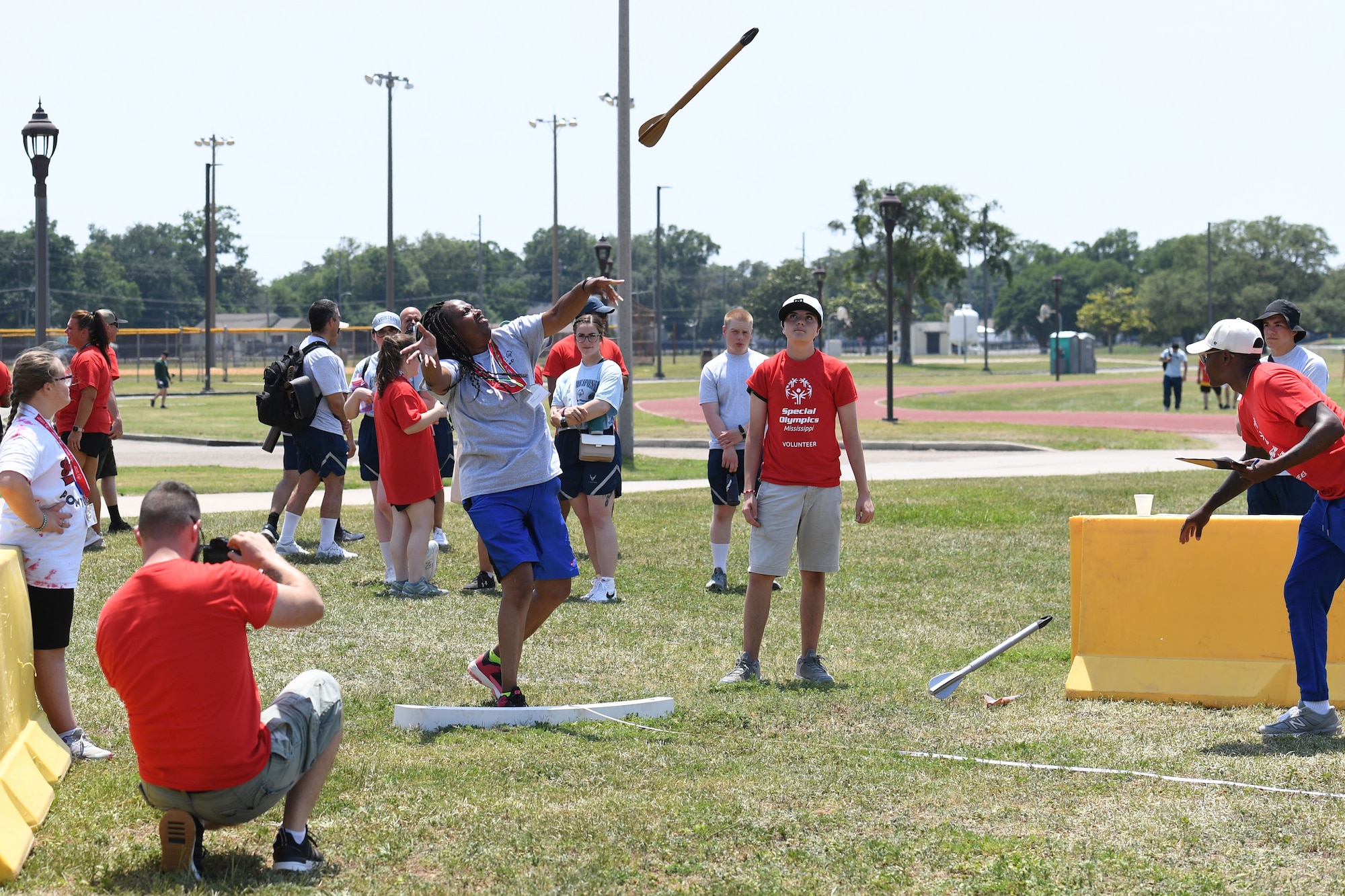 Tracy Herndell, Area 10 athlete, participates in mini javelin throw during the Special Olympics Mississippi Summer Games at Keesler Air Force Base, Miss., May 14, 2022. Over 600 athletes participated in the Summer Games. (U.S. Air Force photo by Kemberly Groue)
