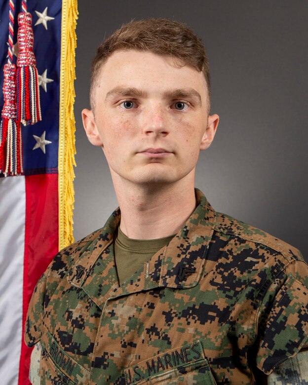 U.S. Marine Corps Cpl. Brandon A. Brown, administrative specialist with Headquarters and Service Battalion, U.S. Marine Corps Forces, Pacific, poses for a photo for Military Appreciation Month on Camp H.M. Smith, Hawaii, May 13. Cpl. Brown was one of the service members during a Chamber of Commerce of Hawaii sponsored Military Appreciation Month virtual ceremony held on May 6. 
(U.S. Marine Corps photo by Cpl. Arianna Lindheimer)