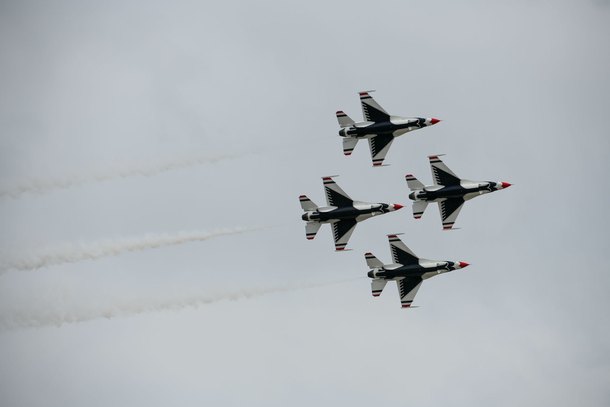 The U.S. Air Force Thunderbirds perform during the Fairchild Skyfest 2022 airshow at Fairchild Air Force Base, Washington, May 15, 2022. Fairchild Skyfest 2022 included the U.S. Air Force Thunderbirds, one of the Air Force’s premier demonstration teams showcasing the capabilities of the F-16 Fighting Falcon. (U.S. Air Force photo by Airman 1st Class Jenna Bond)
