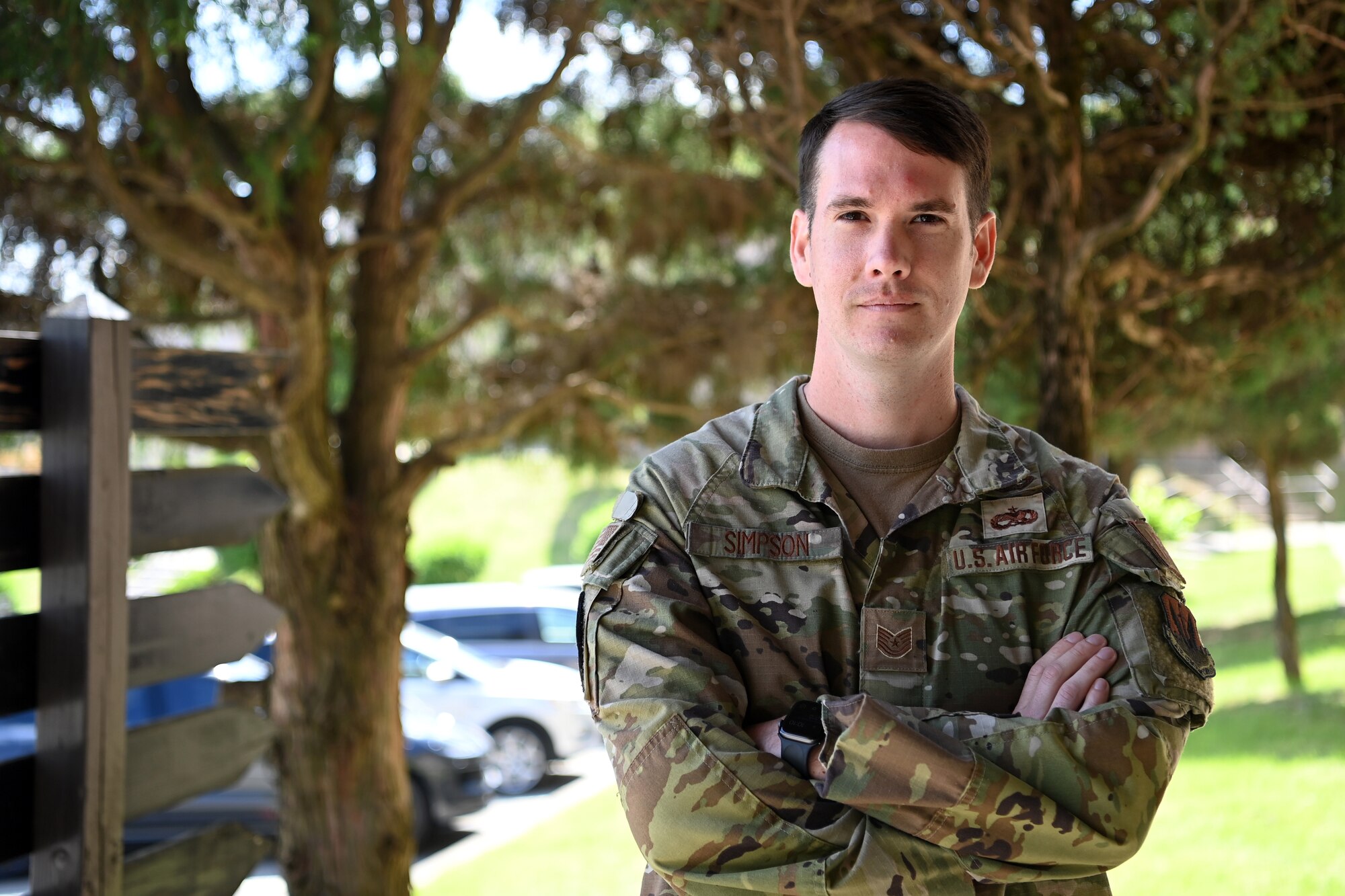 Tech. Sgt. Justin Simpson, 303rd Intelligence Squadron talent manager, poses for a photo outside the Seventh Air Force headquarters on Osan Air Base, Republic of Korea, May 9, 2022. Simpson is the first to win the 694th Intelligence, Surveillance and Reconnaissance Group’s Diversity, Equity & Inclusion quarterly award. (U.S. Air Force photo by Master Sgt. Rachelle Morris)