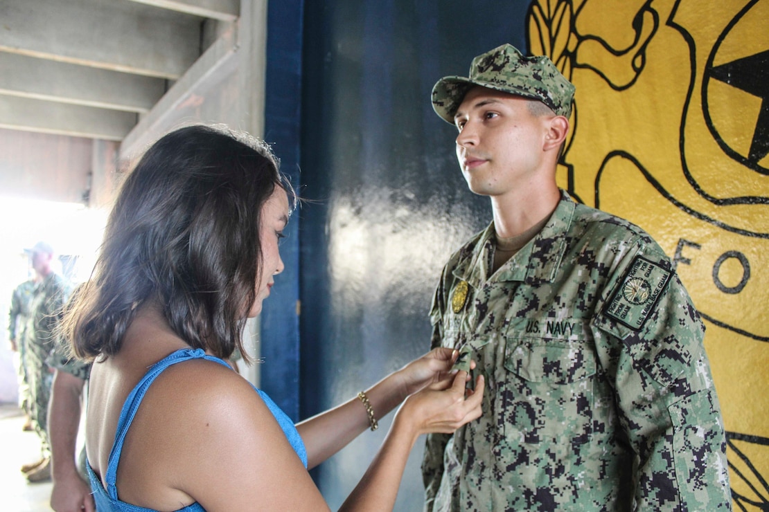 NAVAL BASE GUAM (May 13, 2022) - Master-at-Arms 3rd Class (MA3) Peter Isassi assigned to U.S. Naval Base Guam’s (NBG) Navy Security Forces was frocked in a ceremony at the NBG Security Headquarters May 12.