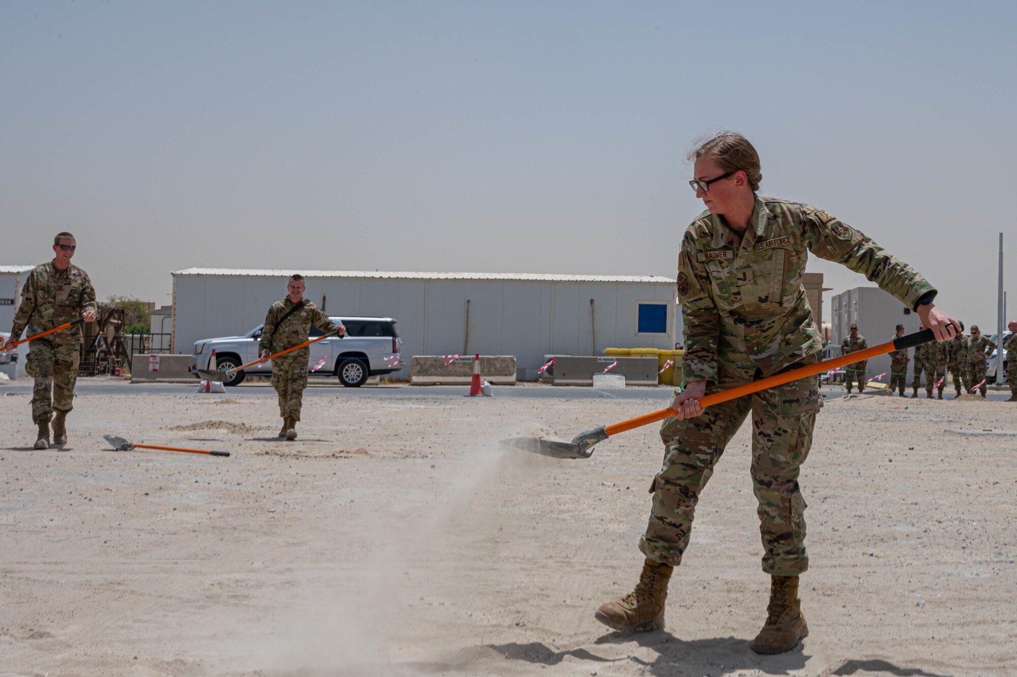 The 386 ELRS held a groundbreaking ceremony for the new aerial port administrative building, leadership gathered to commemorate the first day of construction. The new building will serve multiple functions as it will allow for a centralized location for its previously scattered personnel and a clean slate to allow for innovation at the front end.