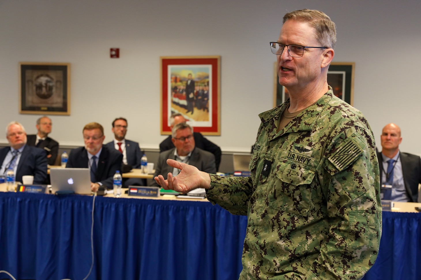 Rear Admiral Michael Wettlaufer, commander, Military Sealift Command, speaks to delegates of the North Atlantic Treaty Organization Shipping Working Group during a week-long seminar at Old Dominion University’s Virginia Modeling Analysis Simulation Center in Suffolk, Va., May 9, 2022.
