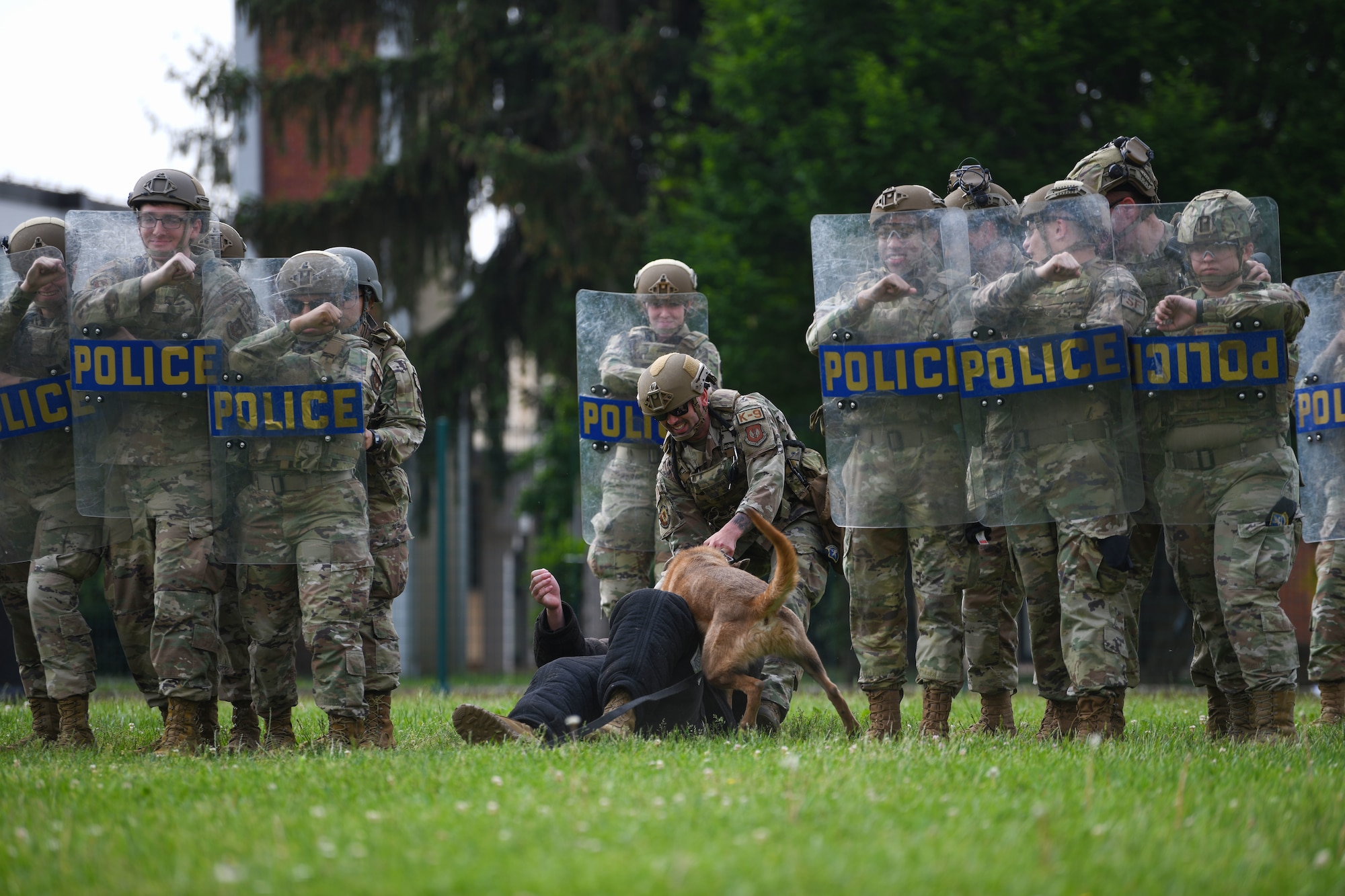 U.S. Air Force Staff Sgt. Anthony Cecchi, 31st Security Forces Squadron military working dog handler, and Pasqual, 31st SFS MWD, apprehend U.S. Air Force Senior Airman Ian Moran, 31st SFS MWD      handler, during a riot control demonstration during Police Week at Aviano Air Base, Italy, May 16, 2022. Military working dogs act as a force multiplier while also providing psychological deterrence. The MWDs participated in Police Week, which recognizes the service and sacrifice of U.S. law enforcement members, paying special tribute to those who have lost their lives in the line of duty for the safety and protection of others. (U.S. Air Force photo by Senior Airman Ericka A. Woolever)