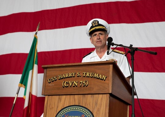 220511-N-QI593-1267 NAPLES, Italy (May 11, 2022) Adm. Robert Burke, commander, U.S. Naval Forces Europe-Africa, gives remarks aboard the Nimitz-class aircraft carrier USS Harry S. Truman (CVN 75), as part of a reception during a scheduled port visit, May 11, 2022. The Harry S. Truman Carrier Strike Group is on a scheduled deployment in the U.S. Naval Forces Europe-Africa area of responsibility in support of maritime stability and security, and defense of U.S., Allied and partner interests in Europe and Africa. (U.S. Navy photo by Mass Communication Specialist 3rd Class Alexia Morelos)
