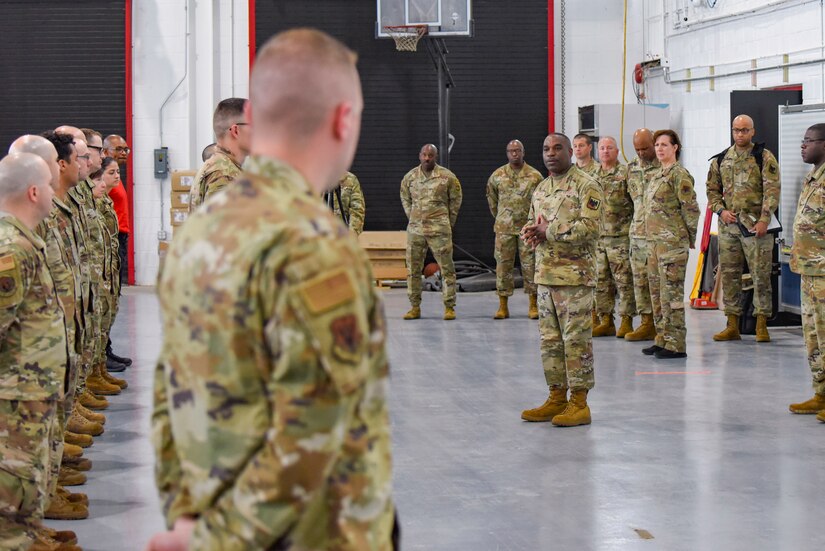 U.S. Air Force Chief Master Sgt. Maurice L. Williams, command chief, Air National Guard, speaks to Airmen with Detachment 1, 201st Rapid Engineer Deployable Heavy Operational Repair Squadron Engineer, 111th Attack Wing, Pennsylvania National Guard, during a visit to Biddle Air National Guard Base in Horsham, Pennsylvania, on May 14, 2022. Williams empowered Airmen to take opportunities in front of them and discussed the importance of the Air National Guard within the national defense strategy.