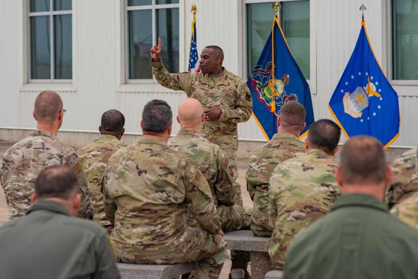 U.S. Air Force Chief Master Sgt. Maurice L. Williams, command chief, Air National Guard, speaks to Airmen of the 111th Attack Wing, Pennsylvania National Guard during a visit to Biddle Air National Guard Base in Horsham, Pennsylvania, on May 14, 2022. During his visit Williams emphasized the importance every Airman plays in the defense of our nation.