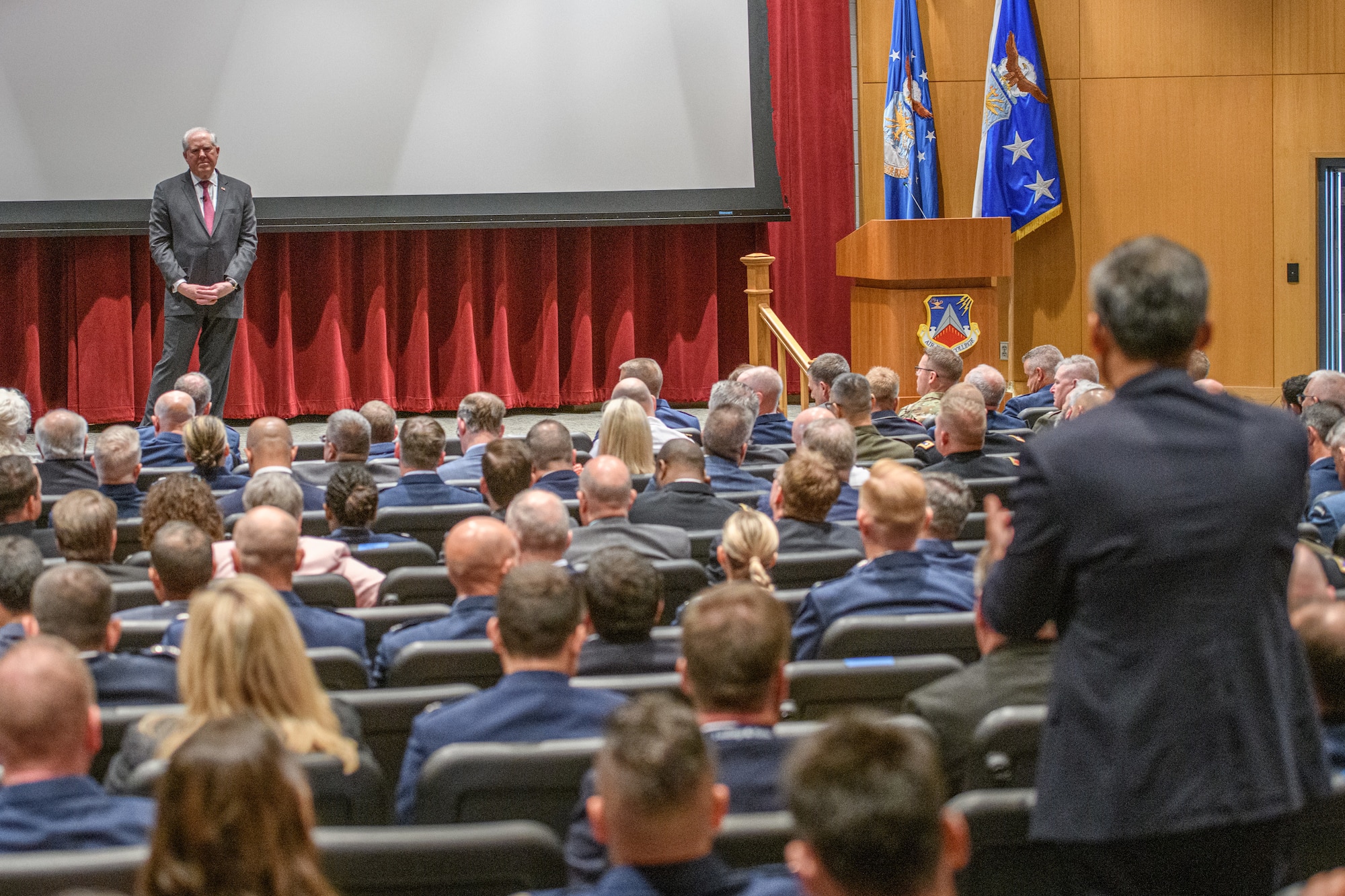 Secretary of the Air Force Frank Kendall listens to a question posed by one of the 88 civilian attendees at the National Security Forum held at Air University’s Air War College, Maxwell Air Force Base, Montgomery, Alabama, May 10-12, 2022. The annual forum is AWC’s capstone event and sponsored by the office of the Secretary of the Air Force. It gives invited civic leaders from across the country the opportunity to engage in discussions with military and government civilian leaders on issues relating to national security.