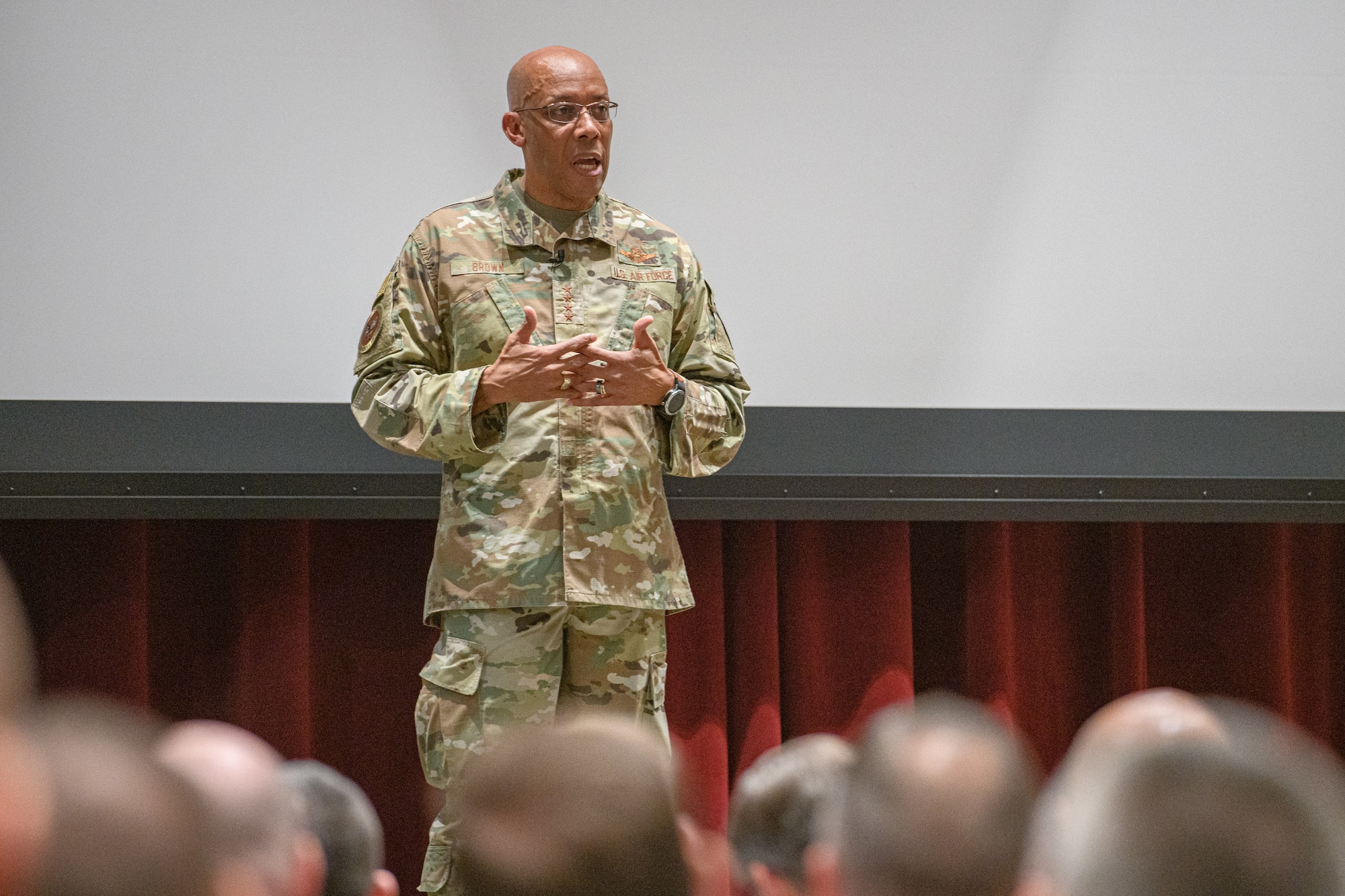 Air Force Chief of Staff Gen. CQ Brown, Jr. delivers a keynote address on the last day of the Secretary of the Air Force’s National Security Forum, held at Air University’s Air War College, Maxwell Air Force Base, Montgomery, Alabama, May 10-12, 2022. Brown was one of several military and government civilian leaders who engaged in national security discussions with 88 invited civic leaders from across the country during the forum, which is in its 68th year.