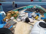 220515-N-NO146-1002 GULF OF OMAN (May 15, 2022) Bags of illegal narcotics lie on the deck of a fishing vessel interdicted by U.S. Coast Guard fast response cutter USCGC Glen Harris (WPC 1144) in the Gulf of Oman, May 15.