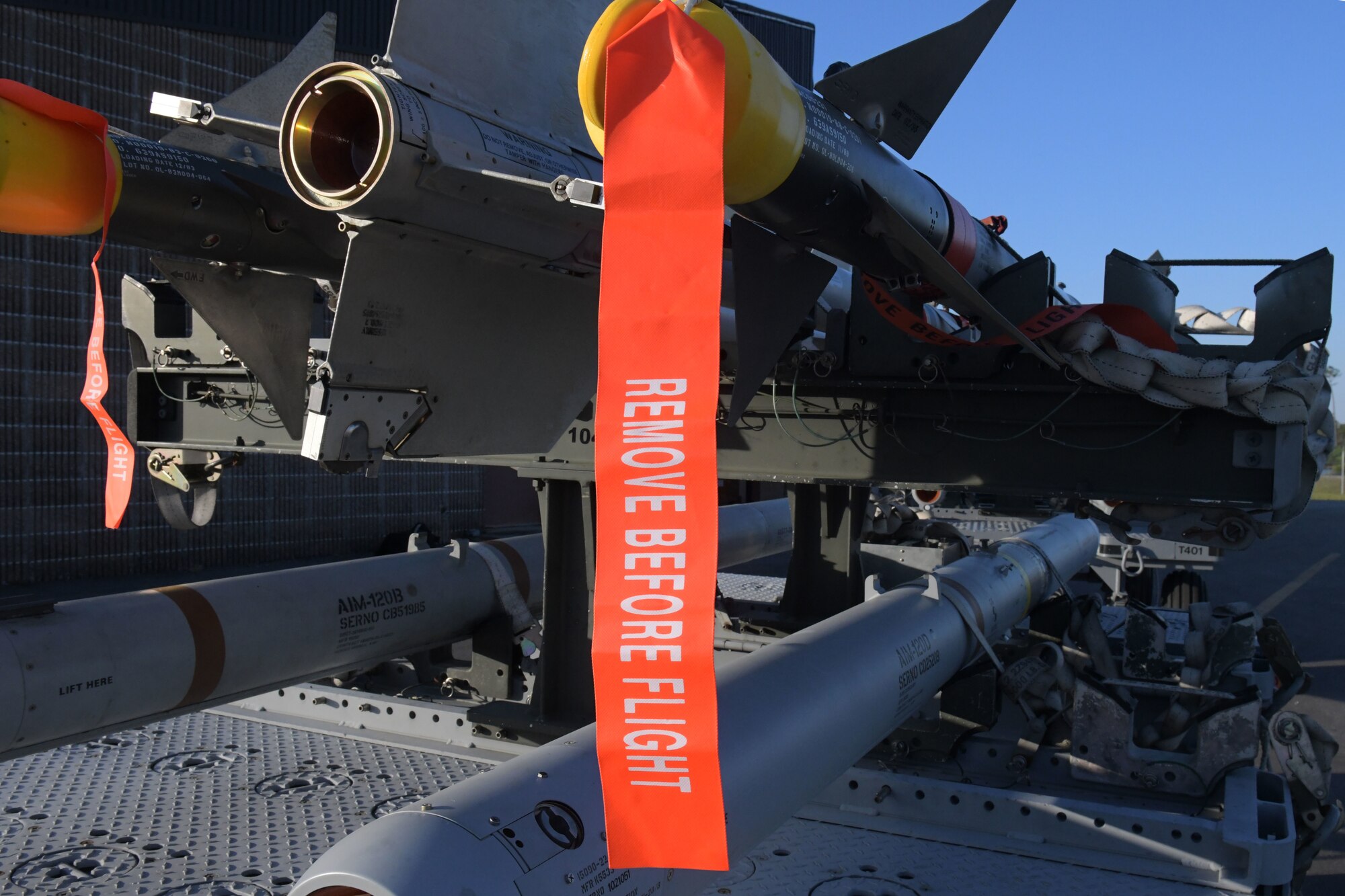 A “Remove Before Flight” tag hangs from an AIM-9M Sidewinder missile at Tyndall Air Force Base, Florida, May 10, 2022.