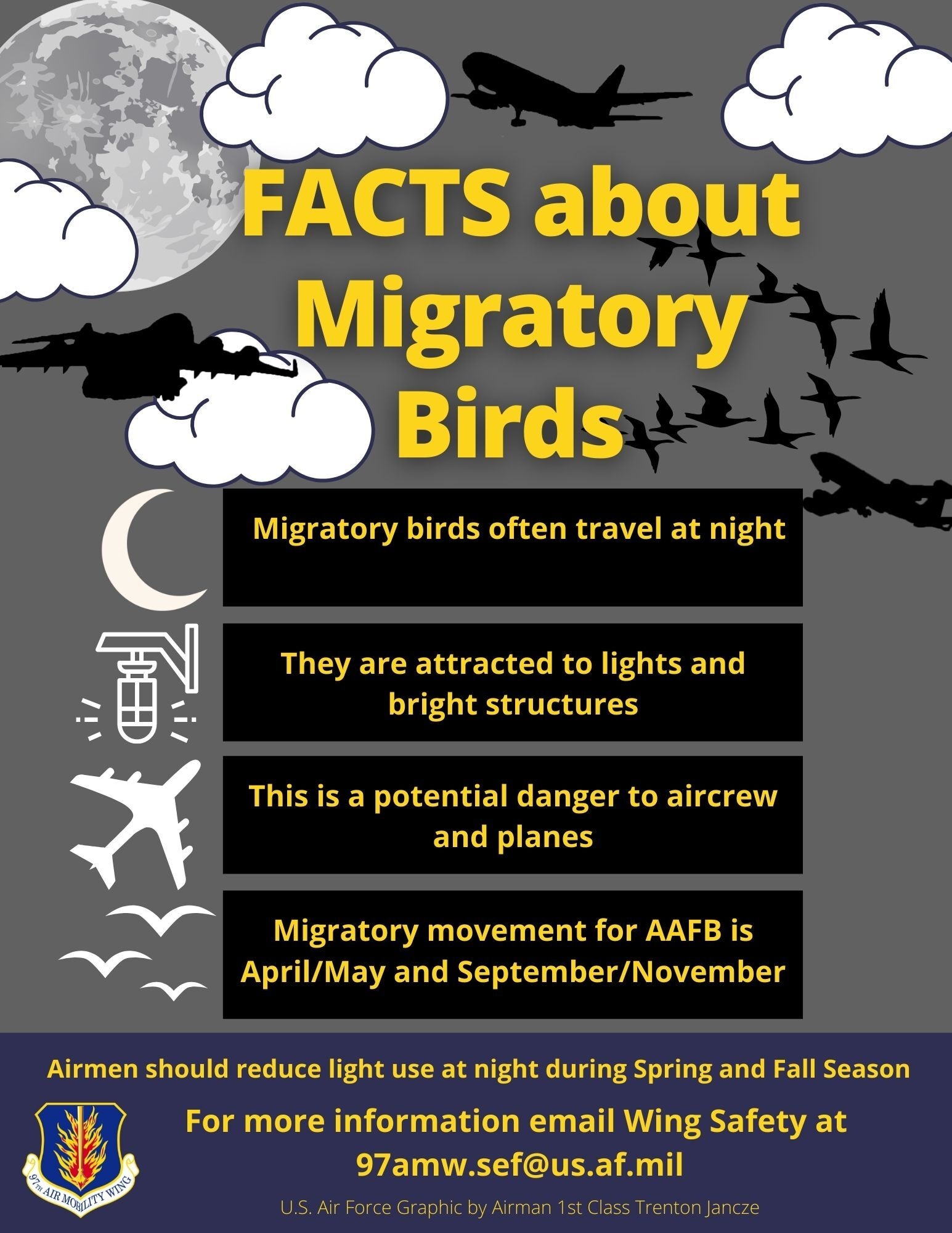 Migratory birds often move to and from Altus Air Force Base during the months of April/May and September/November. Airmen should reduce light use at night during these months to decrease potential danger to aircrew and planes. (U.S. Air Force graphic by Airman 1st Class Trenton Jancze)