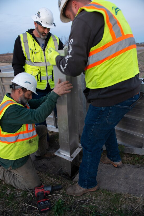 Flood gate panels along the highway leading to Hamburg Iowa are installed 24 Apr., 2022.