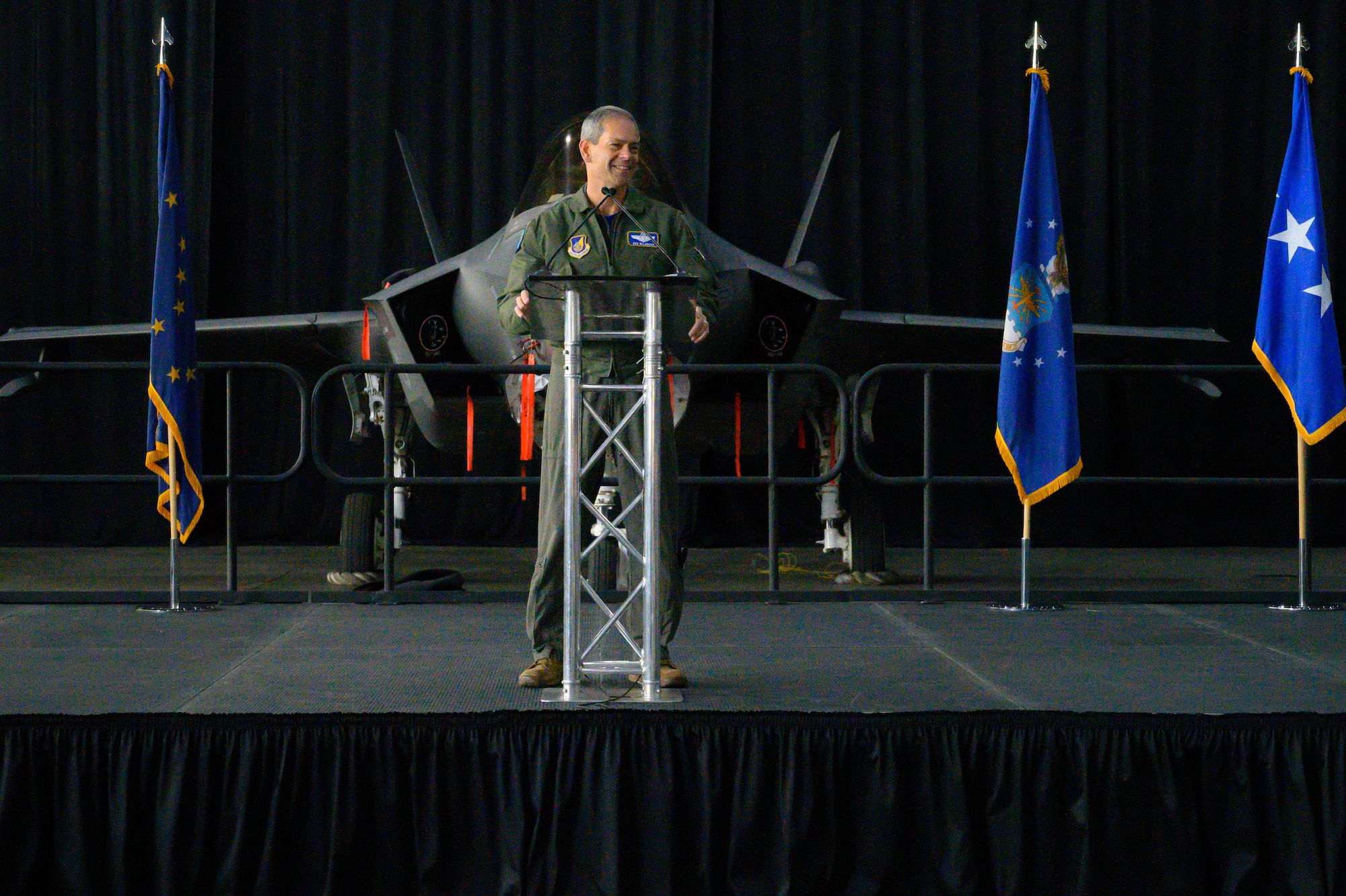 U.S. Air Force Gen. Kenneth S. Wilsbach, U.S. Pacific Air Forces commander, speaks at the 354th Fighter Wing’s Last Jet Arrival Party May 13, 2022, on Eielson Air Force Base, Alaska.