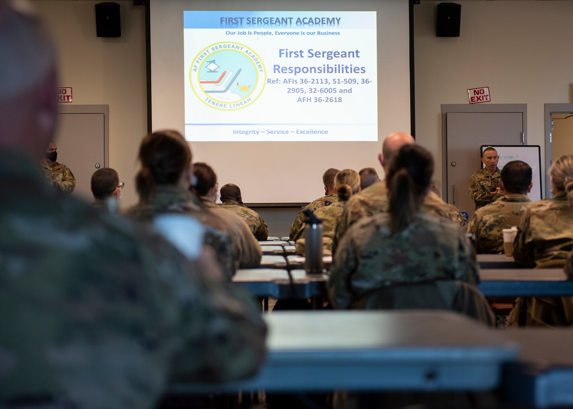 Chief Master Sgt. Sean Sullivan, Command Chief Master Sgt. for the state of Massachusetts, speaks to participants about the essential role played by a first sergeant on Otis Air National Guard Base, Massachusetts, May 10, 2022. As a former first sergeant of the 102nd Intelligence Wing, Sullivan advised from his personal experience. (U.S. Air National Guard photo by Airman 1st Class Francesca Skridulis)