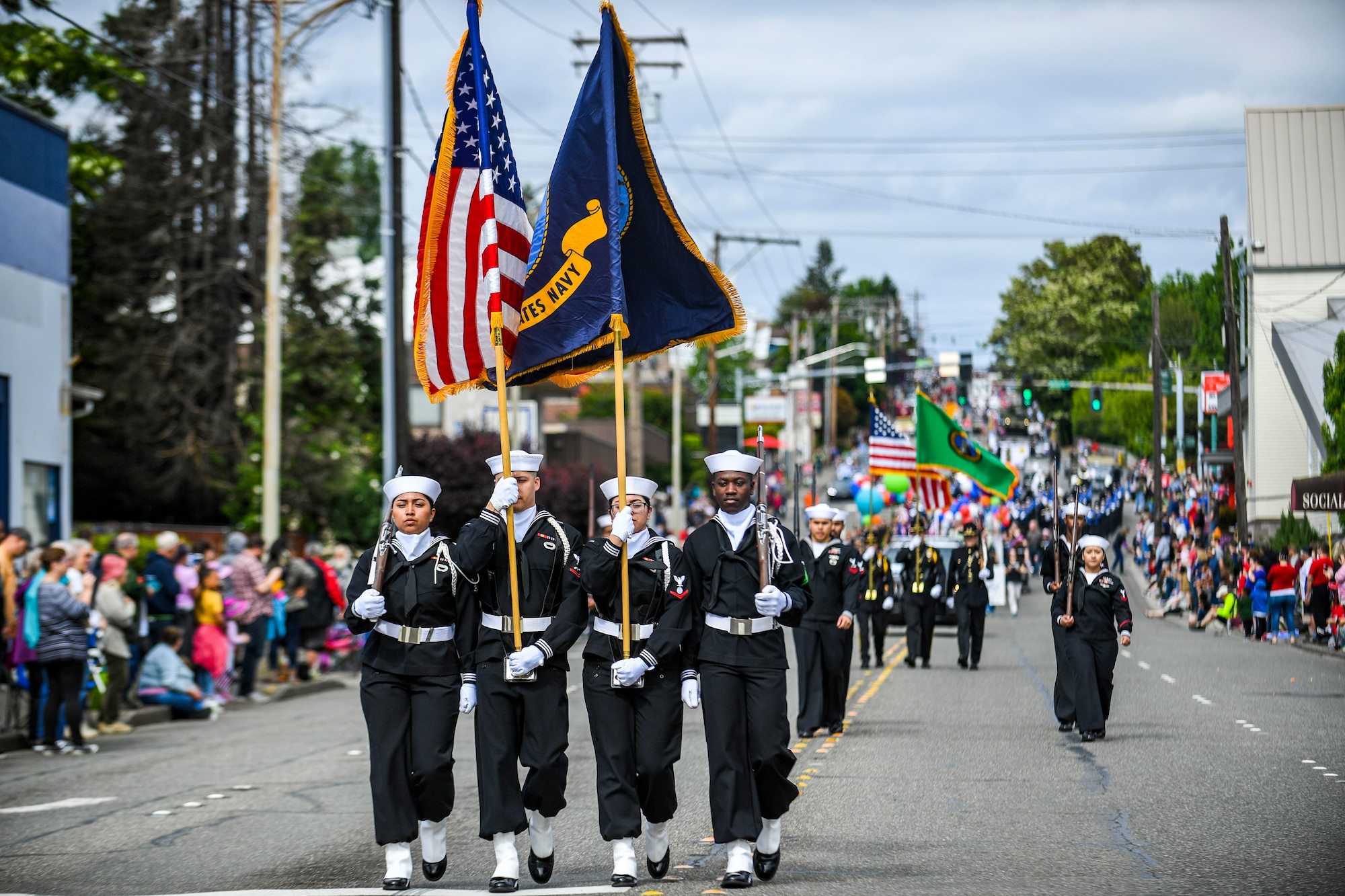 (May 18, 2019) - Aircraft carrier USS Nimitz's (CVN 68) Honor Guard leads the participants of the 72nd Kitsap Credit Union Armed Forces Day Parade down 6th Street. The Kitsap Credit Union Armed Forces Day Parade, held on the third Saturday in May in downtown Bremerton, has an annual attendance of 25,000-40,000 people and includes all branches of the military, police and firefighters, youth organizations, dignitaries, commercial businesses, car clubs and more. (U.S. Navy photo by Mass Communication Specialist 2nd Class Wyatt L. Anthony)