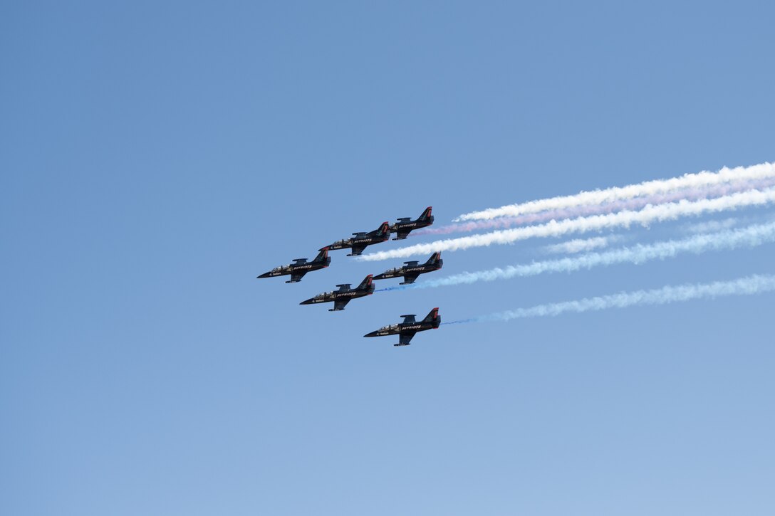 The Patriots Jet Team performs a fly by during Wings Over Solano at Travis Air Force Base, Calif., May 14, 2022. The Wings Over Solano open house and air show provided an opportunity for the local community to interact directly with Travis AFB Airmen and see their capabilities on full display. (U.S. Air Force photo by Chustine Minoda)