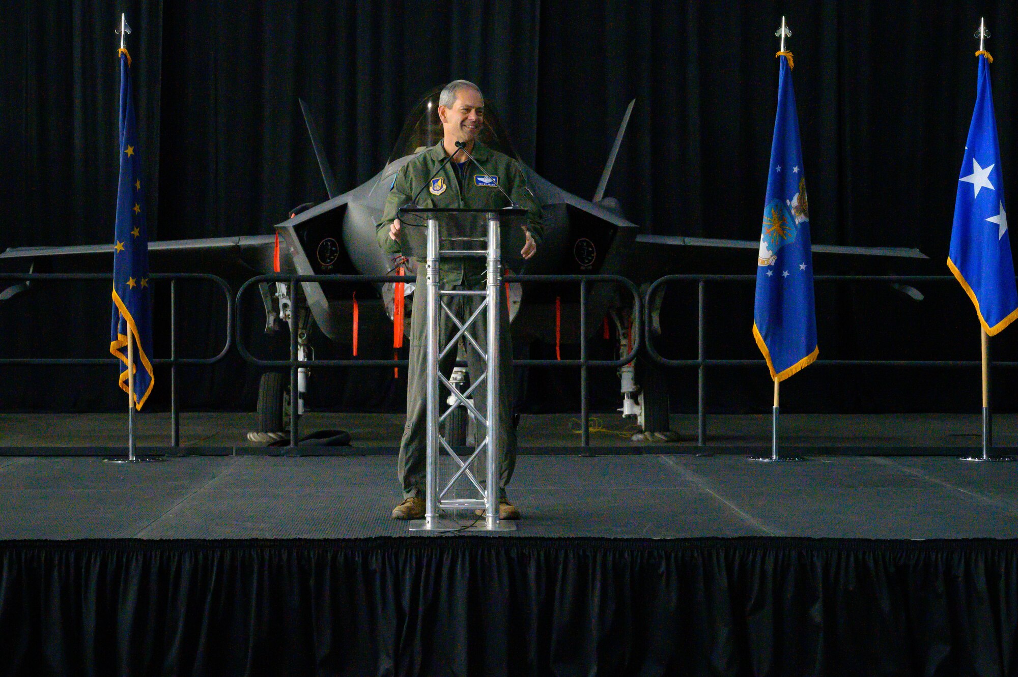 U.S. Air Force Gen. Kenneth S. Wilsbach, U.S. Pacific Air Forces commander, speaks at the 354th Fighter Wing’s Last Jet Arrival Party May 13, 2022, on Eielson Air Force Base, Alaska.