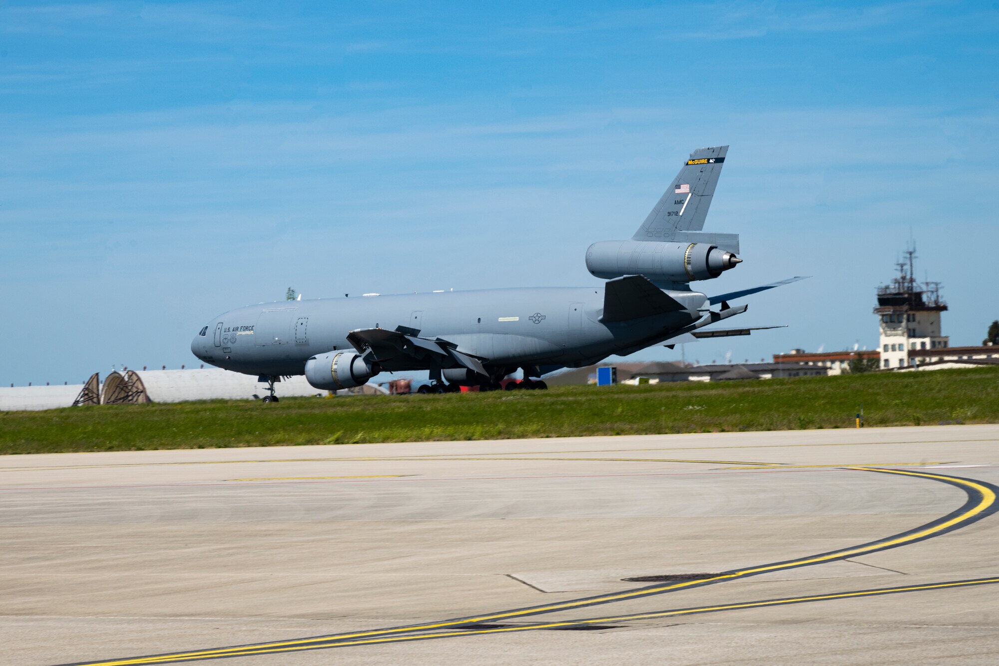 A KC-10 Extender aircraft assigned to the 305th Air Mobility Wing at Joint Base McGuire-Dix-Lakehurst, New Jersey, arrives at Spangdahlem Air Base, Germany, May 14, 2022. U.S. Air Forces in Europe and Air Forces Africa are committed to standing side-by-side with NATO allies and partners to ensure the independence and security of Europe. (U.S. Air Force photo by Senior Airman Ali Stewart)