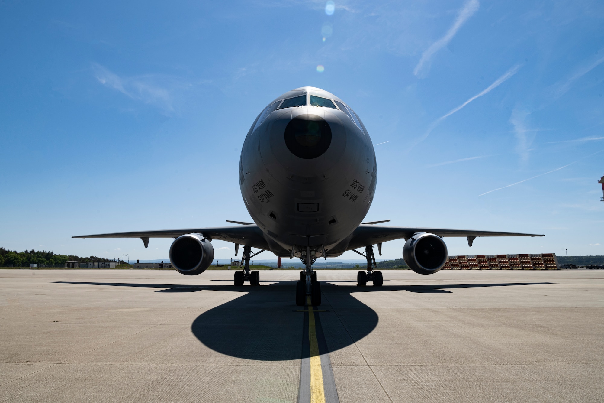 A KC-10 Extender aircraft assigned to the 305th Air Mobility Wing at Joint Base McGuire-Dix-Lakehurst, New Jersey, arrives at Spangdahlem Air Base, Germany, May 14, 2022. Movements such as these are designed to respond to the current security environment and reinforce the deterrent and defensive posture on NATO’s eastern flank. (U.S. Air Force photo by Senior Airman Ali Stewart)