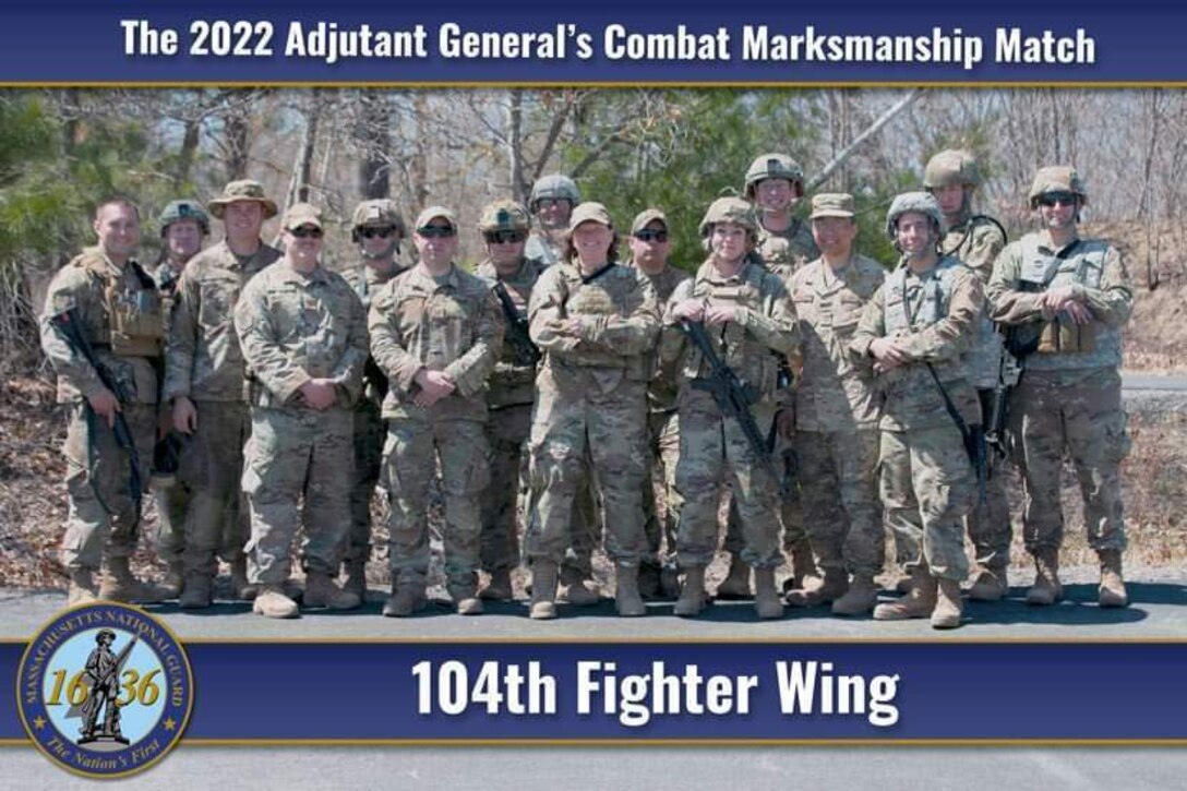 Members of the Barnestormers Marksmanship Team pose for a photo during The Adjutant General's State Marksmanship competition April 30, 2022, at Fort Devens, Massachusetts. The primary purpose of this annual event is to provide advanced marksmanship training within a competitive environment to Massachusetts National Guard Soldiers and Airmen, so that they can assist in training others with their improved skills.  (U.S. Army National Guard Photo by SFC Laura Berry)