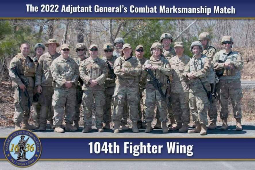Members of the Barnestormers Marksmanship Team pose for a photo during The Adjutant General's State Marksmanship competition April 30, 2022, at Fort Devens, Massachusetts. The primary purpose of this annual event is to provide advanced marksmanship training within a competitive environment to Massachusetts National Guard Soldiers and Airmen, so that they can assist in training others with their improved skills.  (U.S. Army National Guard Photo by SFC Laura Berry)