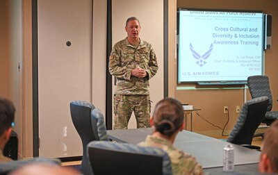 Col. Terry McClain, 433rd Airlift Wing commander, delivers opening remarks before a Diversity and Inclusion training session hosted by Air Force Reserve Command Headquarters, May 12, 2022, at Joint Base San Antonio-Lackland, Texas. The Air Force stood up a special task force in 2020 to focus on issues of racial, ethnic and demographic disparities and how it affects the force and mission. (U.S. Air Force photo by Staff Sgt. Monet Villacorte)
