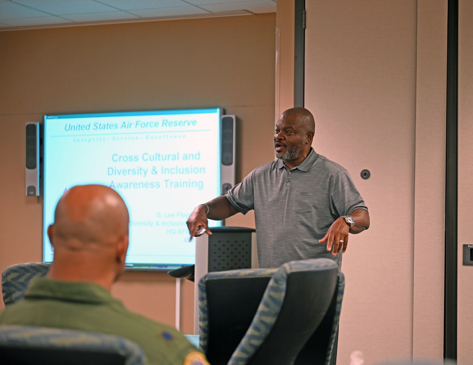 Lee Floyd, Air Force Reserve Command chief Diversity and Inclusion officer, addresses class participants during the Diversity and Inclusion training, May 12, 2022, at Joint Base San Antonio-Lackland, Texas. (U.S. Air Force photo by Staff Sgt. Monet Villacorte)