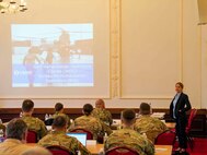 ANSBACH, Germany - Elizabeth Brown, Lead Humanitarian Assistance Advisor to European Command, introduces attendees of the Joint Humanitarian Operations Course to the mission of the United States Agency for International Development at the Von Steuben Community Center, Ansbach, Germany, May 4, 2022. (U.S. Army photo by Jonathan Bell)