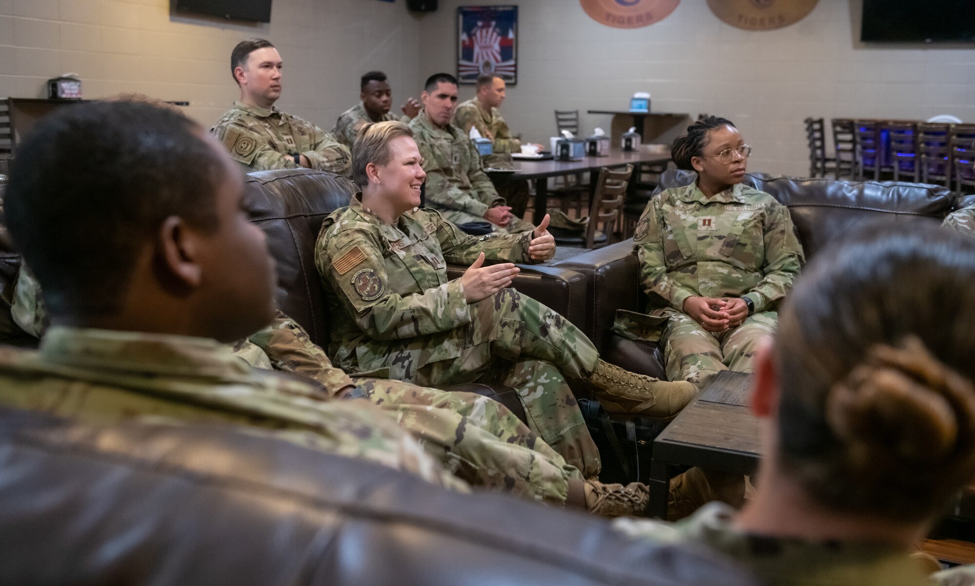 U.S. Air Force Capt. Tanja Clemons, 81st Healthcare Operations Squadron clinic nurse, participates in discussion with base leadership during a company grade officers mentoring session inside Gaude' Lanes at Keesler Air Force Base, Mississippi, May 16, 2022. The session allows CGO's the opportunity to receive guidance and ask questions of senior leaders to help further their growth as officers. (U.S. Air Force Photo by Andre' Askew)