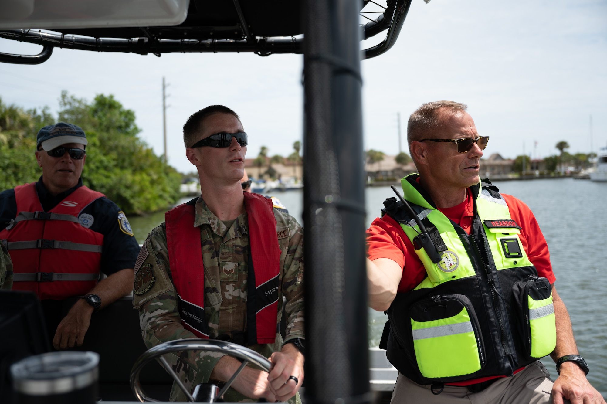 Senior Airman Christopher Scharer, 45th Security Forces Squadron installation patrolman, trains on maritime operations at Patrick Space Force Base, Fla., April 14, 2022. Twelve defenders graduated the National Association of State Boating Law Administrators boat crew member course certifying them as marine patrolmen. (U.S. Space Force photo by Senior Airman Thomas Sjoberg)