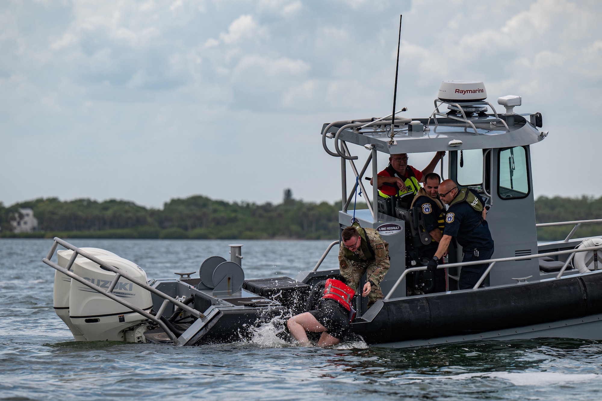 45th Security Forces Squadron marine patrolmen train on maritime operations at Patrick Space Force Base, Fla., April 14, 2022. Twelve defenders graduated the National Association of State Boating Law Administrators boat crew member course certifying them as marine patrolmen. (U.S. Space Force photo by Senior Airman Thomas Sjoberg)