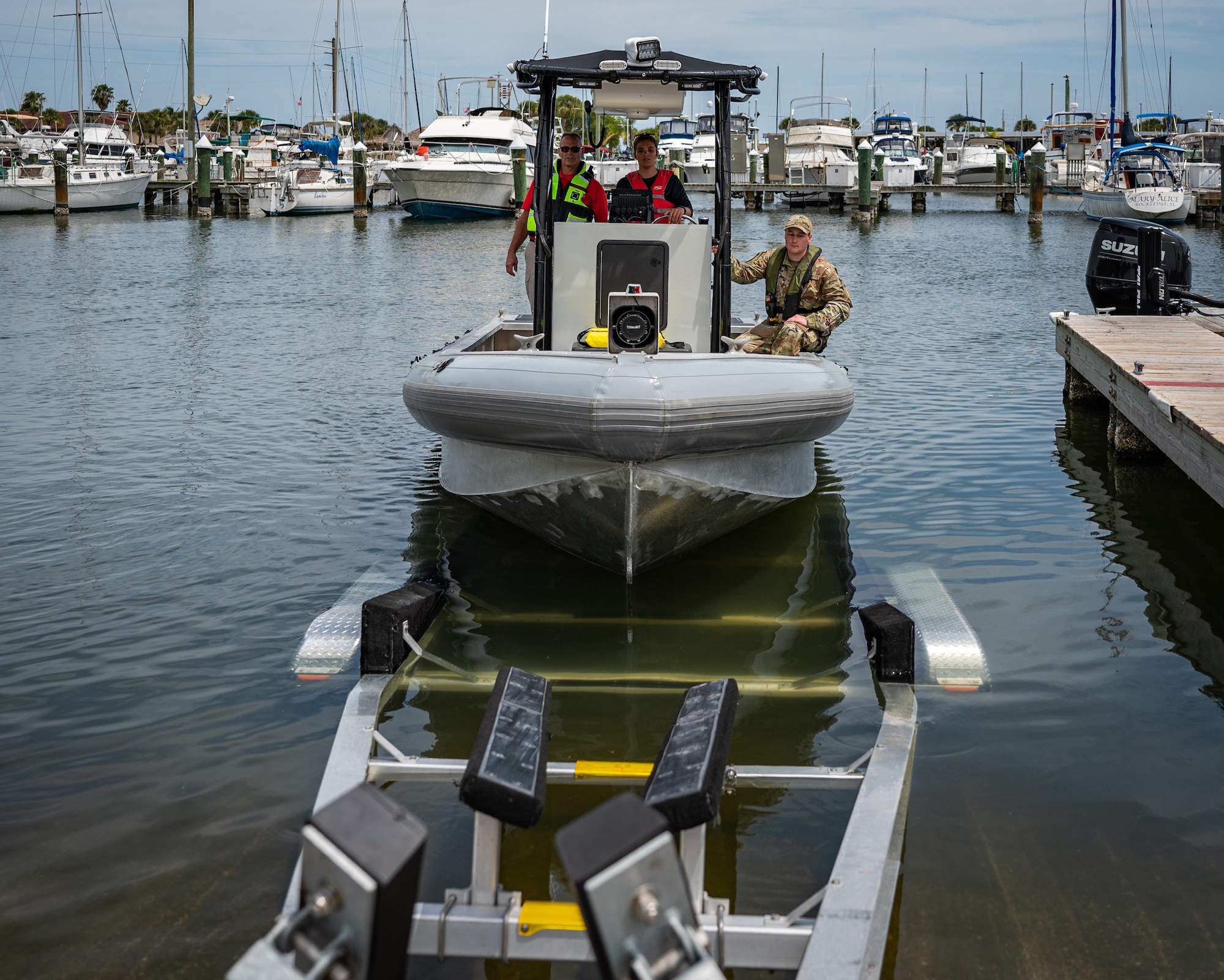 45th Security Forces Squadron marine patrolmen train on maritime operations at Patrick Space Force Base, Fla., April 14, 2022. Twelve defenders graduated the National Association of State Boating Law Administrators boat crew member course certifying them as marine patrolmen. (U.S. Space Force photo by Senior Airman Thomas Sjoberg)