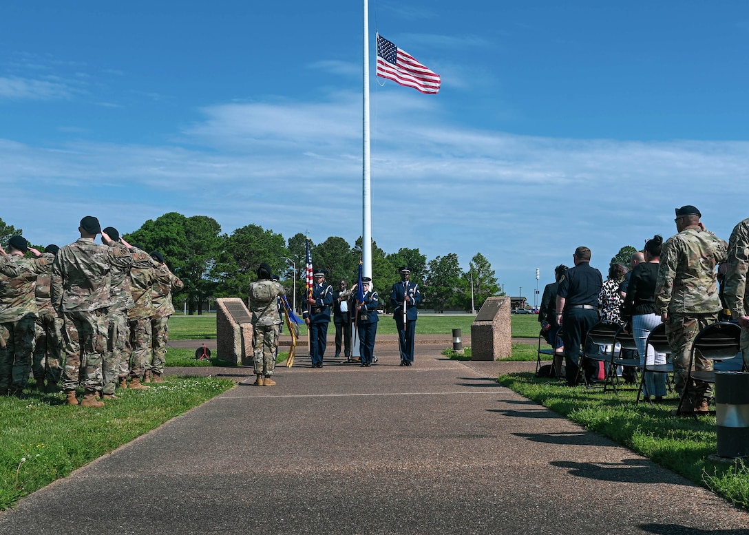 Members of the 633d Air Base Wing Honor Guard present the colors during the opening ceremony of National Police Week at Joint Base Langley-Eustis, Virginia, May 16, 2022.