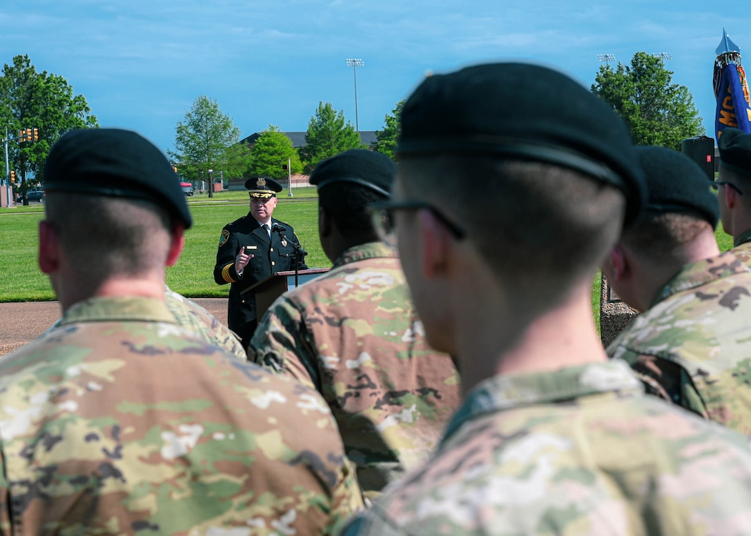Newport News Chief of Police, Steve Drew, addresses the 633d Security Forces Squadron during his remarks given during the opening ceremony of National Police Week at Joint Base Langley-Eustis, Virginia, May 16, 2022.
