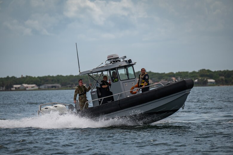 45th Security Forces Squadron marine patrolmen train on maritime operations at Patrick Space Force Base, Fla., April 14, 2022. Twelve defenders graduated the National Association of State Boating Law Administrators boat crew member course certifying them as marine patrolmen. (U.S. Space Force photo by Senior Airman Thomas Sjoberg)