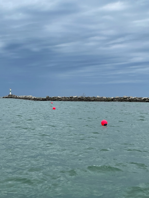 Red buoys floating on water next to a breakwater.